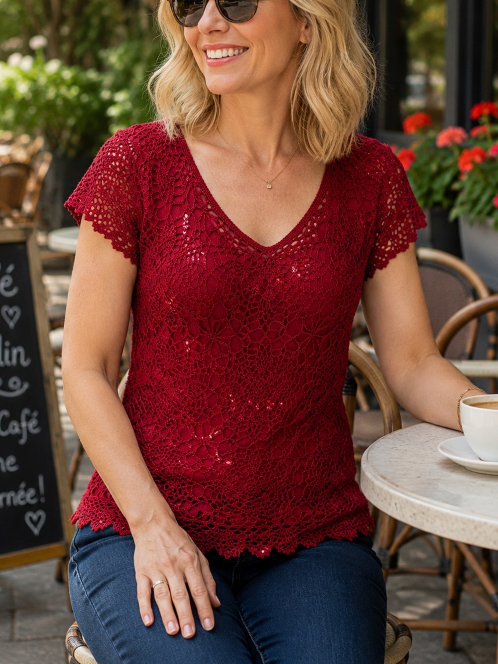 Women’s Crochet Lace V-Neck Top - Red sparkly size Medium